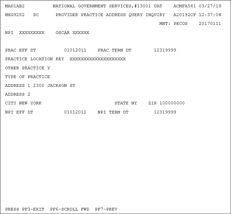 Screenshot of the Provider Practice Address Query Inquiry screen (MAP1AB2).