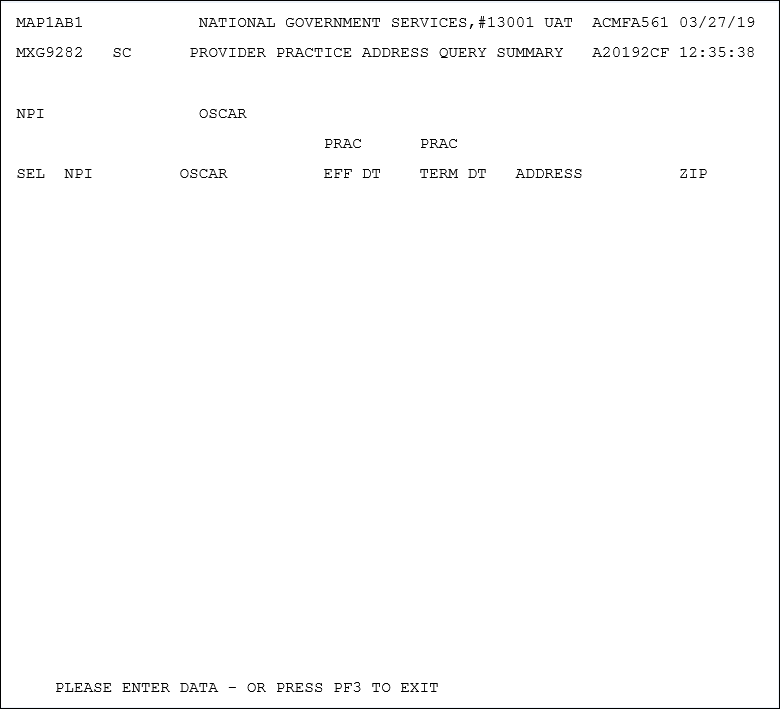 Screenshot of the Provider Practice Address Query Summary screen (MAP1ABI).