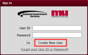 Medicare University sign in screen with create new user button highlighted