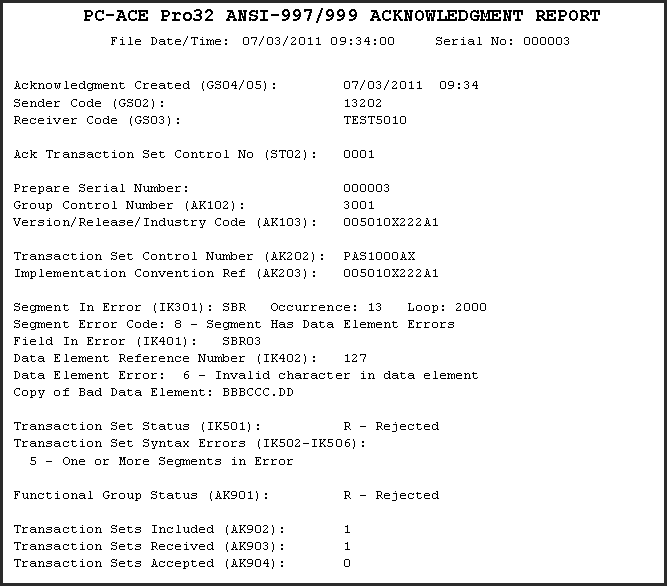 Sample PC-ACE Pro32 ANSI-997-999 Acknowledgement Report