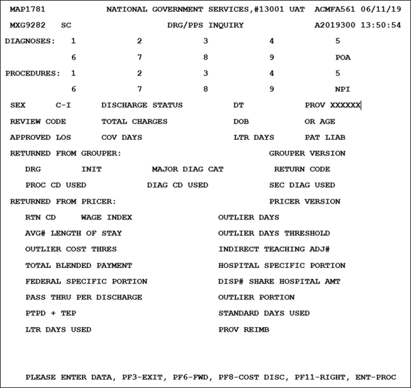 DRG PPS Inquiry screen - Press <F8/PF8> to access more information