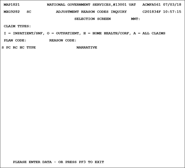 Adjustment Reason Codes menu option 16 - Upon selecting the ADJUSTMENT REASON CODES option, the initial Adjustment Reason Codes Inquiry Screen is available