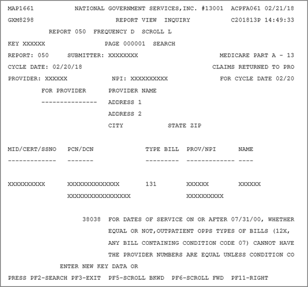 Sample 050 Claims Return to Provider (RTP) Report - Left view of the 050 RTP report. Identifies a listing of claims RTP, including claim details and reasons for RTP.