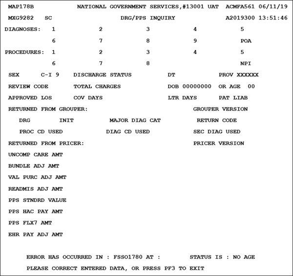 DRG PPS Inquiry screen - Press <F8/PF8> to access more information