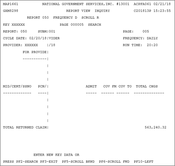 Sample 050 Claims Return to Provider (RTP) Report - Right view, bottom of the 050 RTP report. Identifies a total of claims RTP.