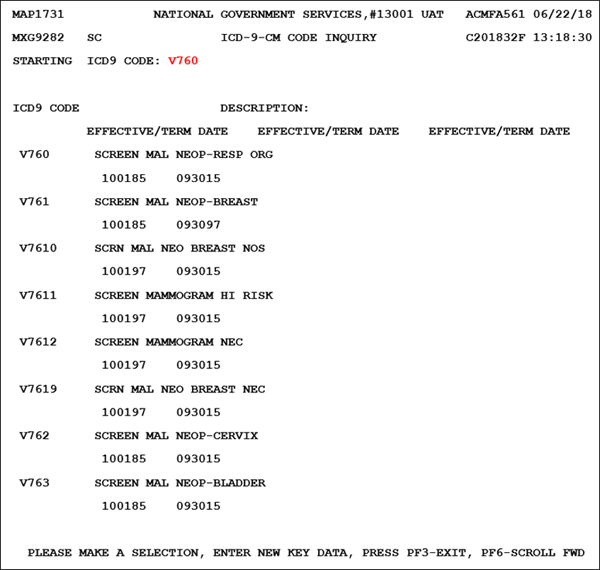 Screen shot of the ICD-9-CM Code Inquiry Screen in FISS displaying ICD-9-CM diagnosis code V760.