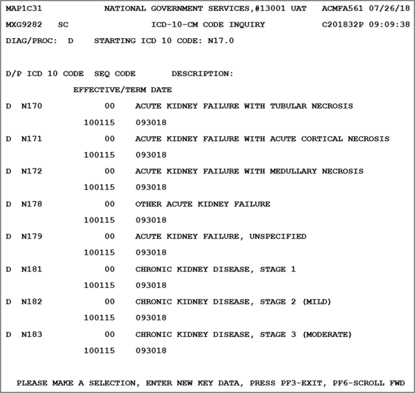 Screen shot showing ICD-10-CM diagnosis code N17.0 on the ICD-10-CM CODE INQUIRY screen which allows users to research a specific ICD-10-CM diagnosis codes.