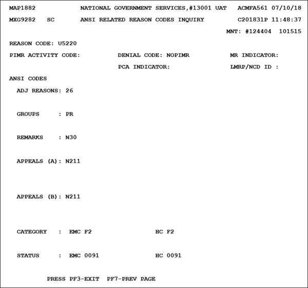 ANSI RELATED REASON CODES INQUIRY screen where you can review the ANSI information related to the reason code by pressing the <F8/PF8> key