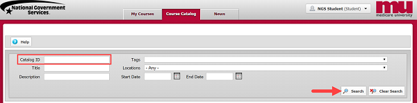 Image of the "Course Catalog" tab higlighting the "Catalog ID" box and an arrow pointing to the "Search" button