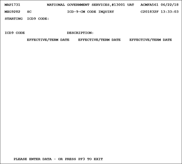Screen shot of the FISS Inquiries DX/Proc ICD-9 submenu used to research ICD-9-CM diagnosis and procedure codes.