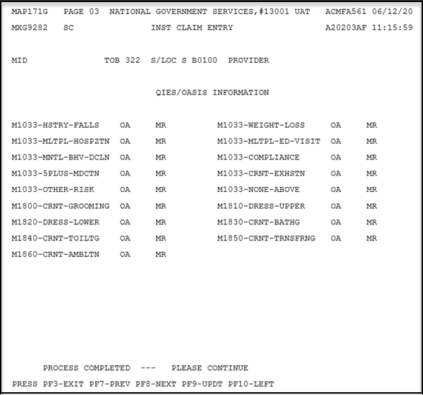 QIES/OASIS Information screen (MAP171G) - MAP171G includes the OASIS data returned from IQIES. MAP171G shows the OASIS item number and abbreviated description.