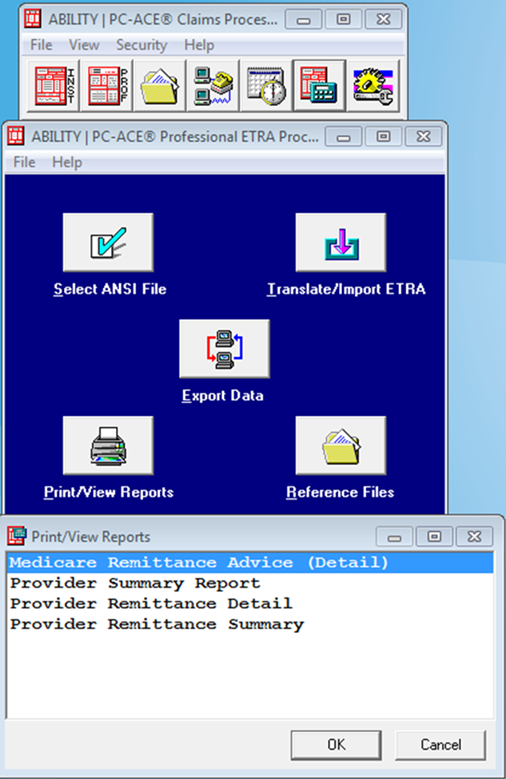 Screen shot showing navigation to the Print/View Reports window within the PC-ACE Profession ETRA Process Window.