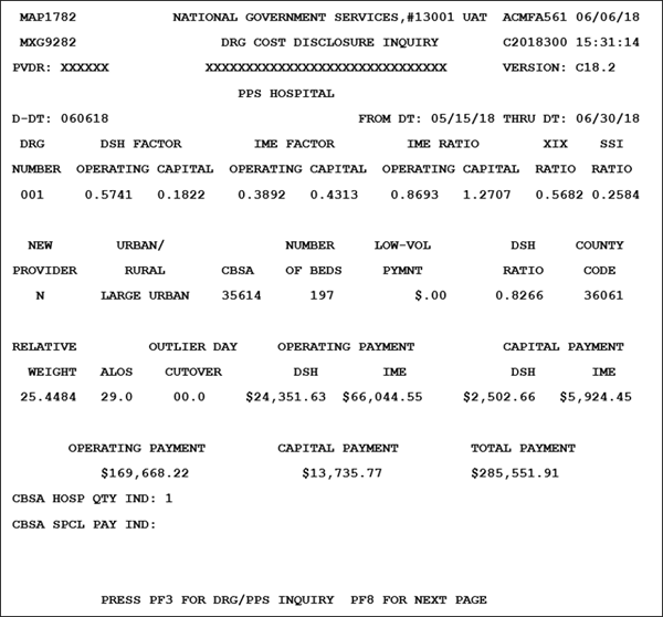 DRG Cost Disclosure Screen - Press <F8/PF8> to access additional information.