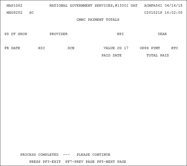 Screen shot of the CMHC Payment Totals Screen which displays the claims detail with the corresponding value code amounts and OPPS payment amounts