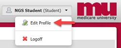 Image of student dropdown with arrow pointing to "Edit Profile"