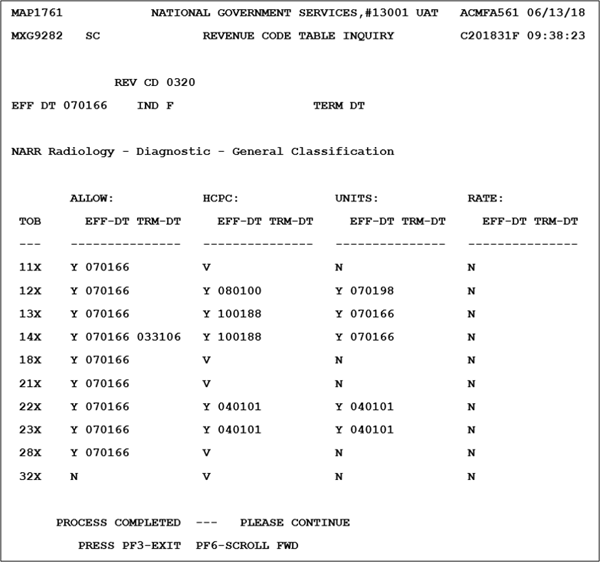 Revenue Code screen example - This page shows an example of revenue code 0320 and the associated claim elements that are required