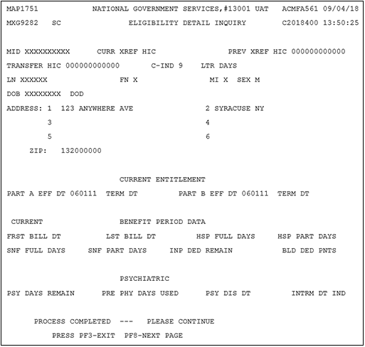 Eligibility Detail Inquiry Screen - After entering beneficiary information, CWF returns entitlement data including dates of entitlement, termination, benefit period information, etc.