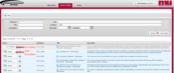 Image of Cource Catalog tab displaying enrolled and not enrolled course