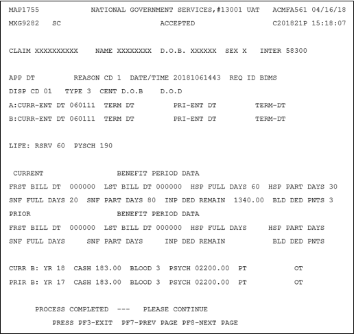 CWF Entitlement Screen provides dates of entitlement and termination, benefit period data, therapy cap information