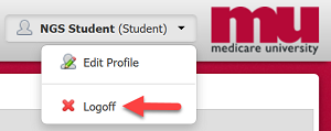 Image of Student drop-down with arrow pointing to Logoff