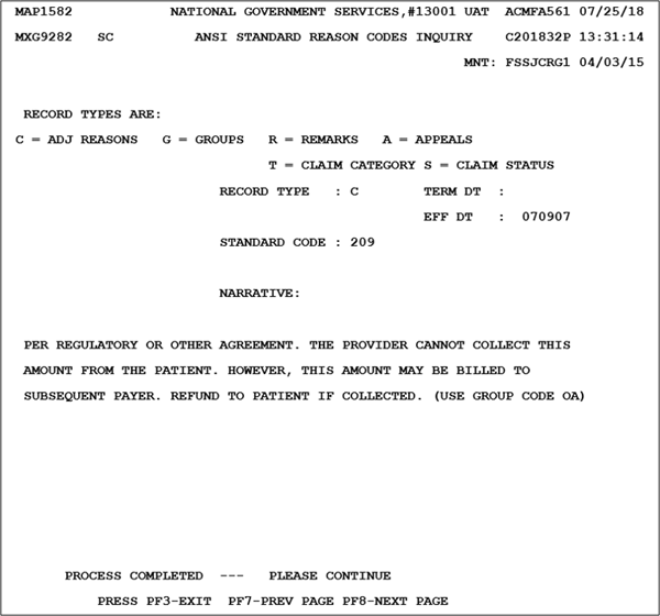 To view a list of all adjustment reason codes, press the <Enter> key. The ANSI STANDARD CODES SEL INQUIRY Screen refreshes to provide a list of available ANSI reason codes, including the details reported by the screen’s fields.