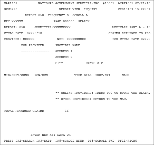 Sample 050 Claims Return to Provider (RTP) Report - Left view, bottom of the 050 RTP report. Identifies a total of claims RTP.