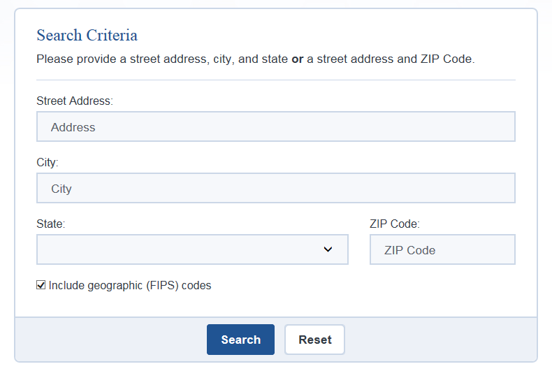 Enter your street address, city, state and ZIP Code, then click on Search.