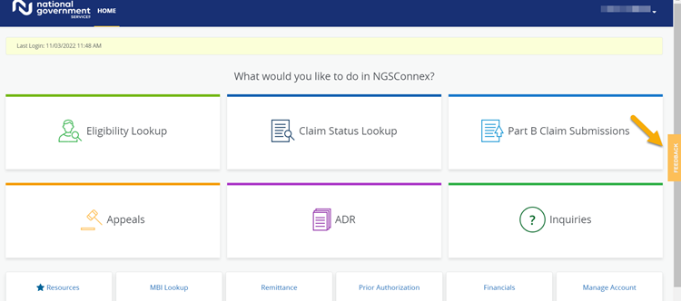 Image of NGSConnex homepage with a yellow arrow pointing to the Feedback button for emphasis. 