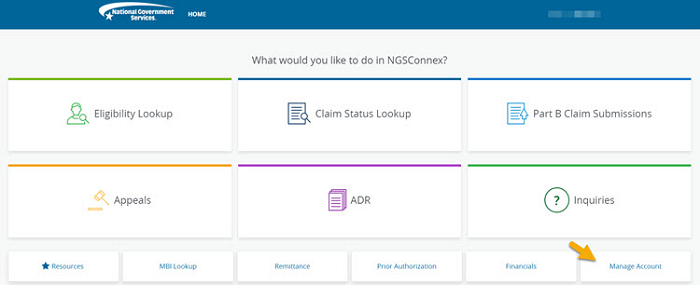 Manage Account button on the NGSConnex home page