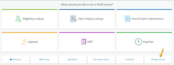 Manage Account button on the NGSConnex home page