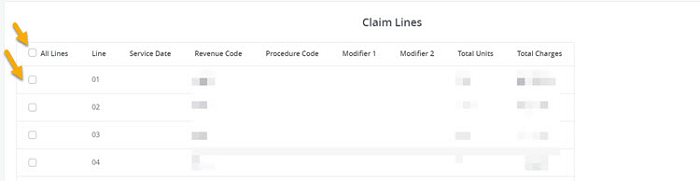 Image of Step 3 Claim Lines with yellow arrows pointing to the All Lines and individual line checkboxes. 