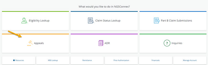 NGSHomepage with an arrow pointing to the Appeals option