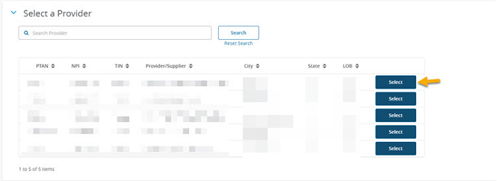 Select a provider which has a listing of all provider accounts tied to the User ID and an arrow pointing tothe Select button 