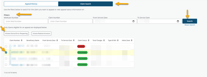 image is the results of the search indicating to check the box next to the claim to reopen