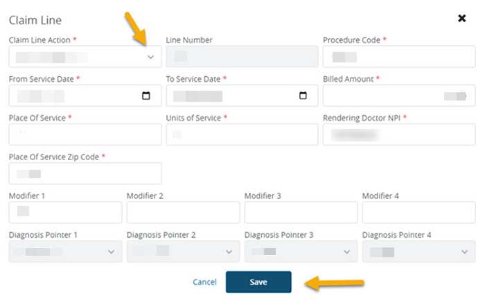 claim line with an arrow pointing to the action option and the save button