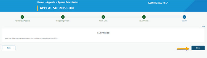 appeal submission submitted confirmation screen with an arrow pointing to the close button