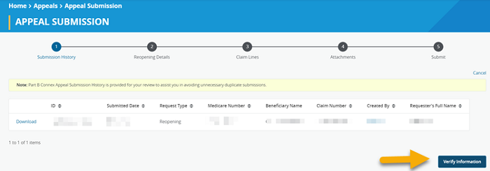 Image of the Appeal Submission History applet with the Verify Information button highlighted