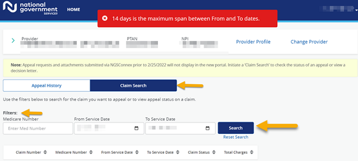 Image of Appeals panel displayed in Connex. A yellow arrow is pointing to the 'Claim Search', 'Filters' and 'Search' buttons. 