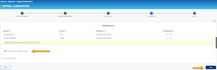 Image of Appeal Submission History Step 4 with a yellow arrow pointing to where documentation is attached and the 'Next; button.