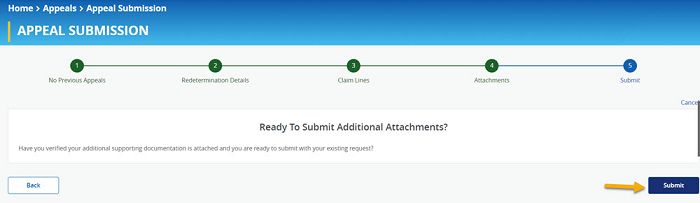 Image of Appeal Submission Step 5 - Submit, with a yellow arrow pointing to the 'Submit' button.