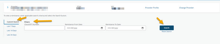 Remittance advise custom search option with arrows pointing to check/EFT, remittance date and search button