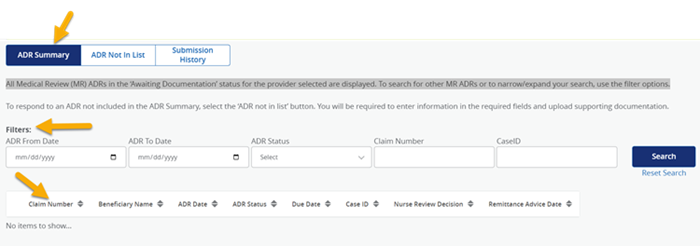 ADR Summary with filters and claim number highlighted