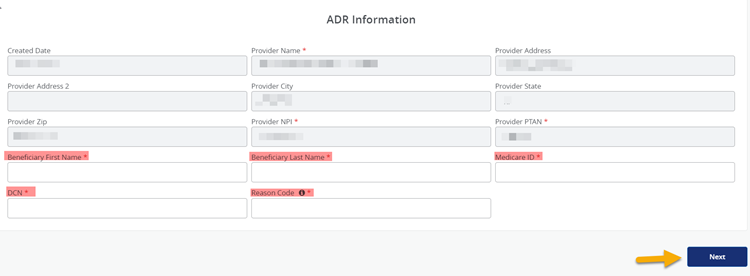 Step 1 ADR Information with required fields highlighted in red and a yellow arrow pointing to the Next button.