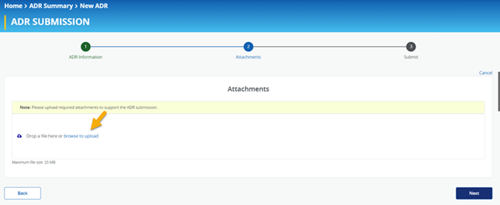 Image of Step 2 Attachments with a yellow arrow pointing to the documents previously attached. A yellow arrow is pointing to the next button to move forward. 