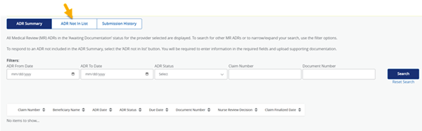 Image of ADR Summary panel with a yellow pointing to the ADR Not in List button. 