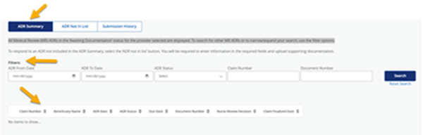 ADR Summary displayed in NGSConnex with a yellow arrow pointing to ADR Summary button, Filters and Summary list. 