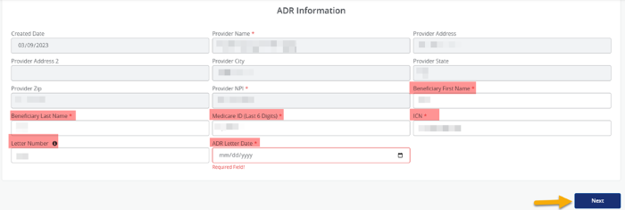 ADR Information Next button