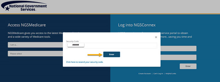 NGSMedicare combined landing page wih the Security Code screen displayed and yellow arrow pointing to the Enter button. 