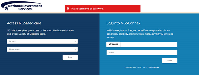 NGSMedicare.com combined landing page with the invalid username and password error message displayed. 