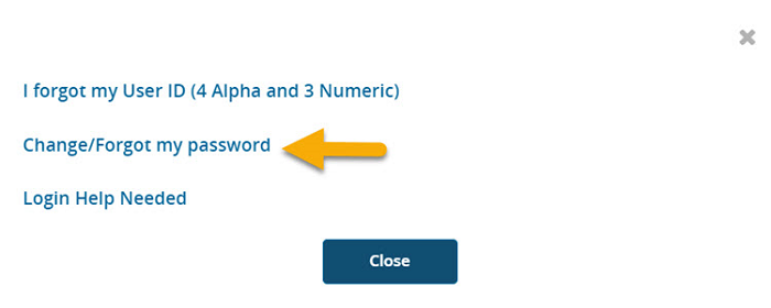 Image of the Change/Forgot my Password link with a yellow arrow pointing to it. 